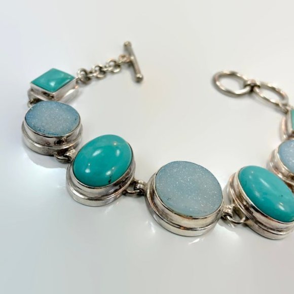 Turquoise Bracelet, Druzy,Sterling Silver, Drusy, Vintage Bracelet, Multi Stone - Picture 4 of 6